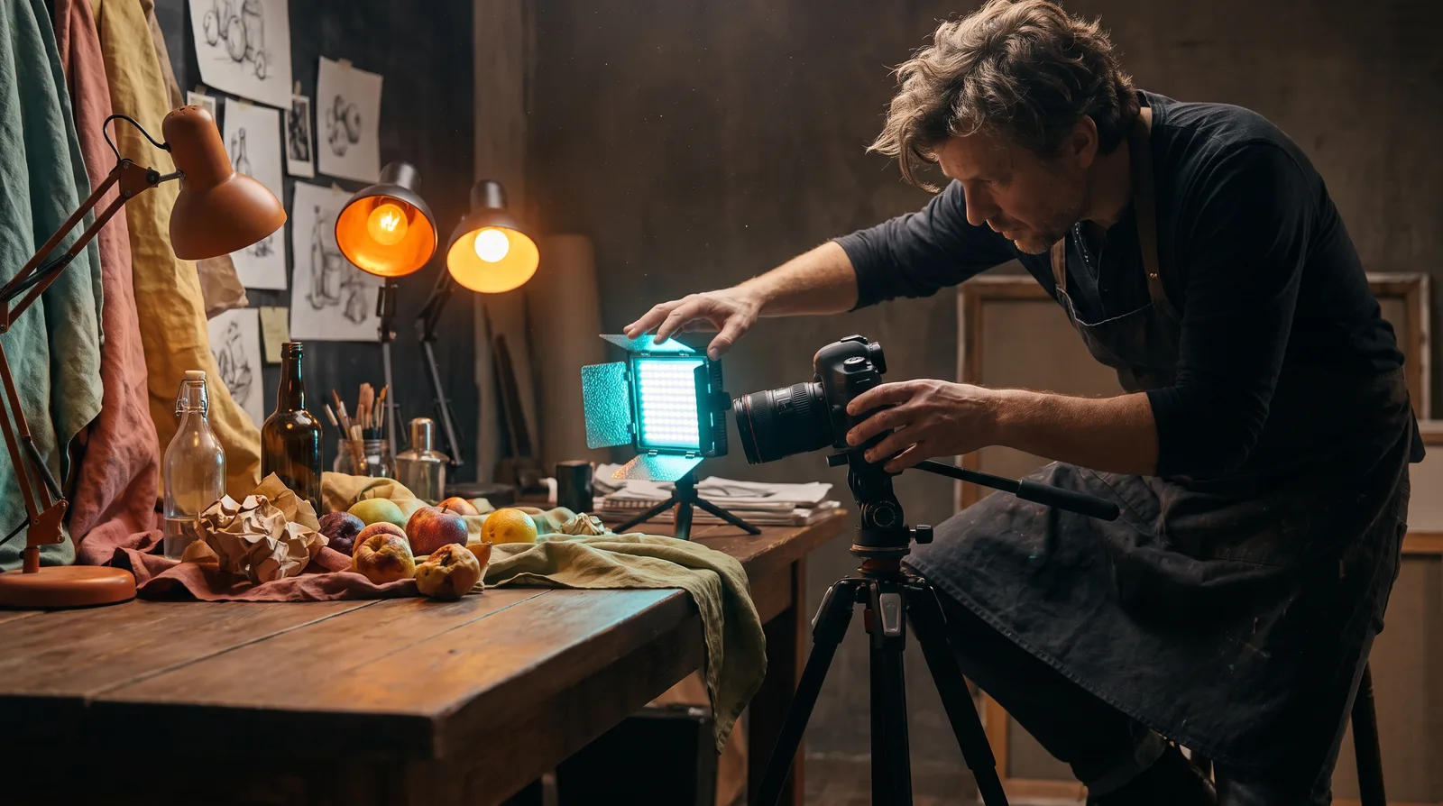 Beeldmaker stelt camera en studiolicht af bij een stilleven.
