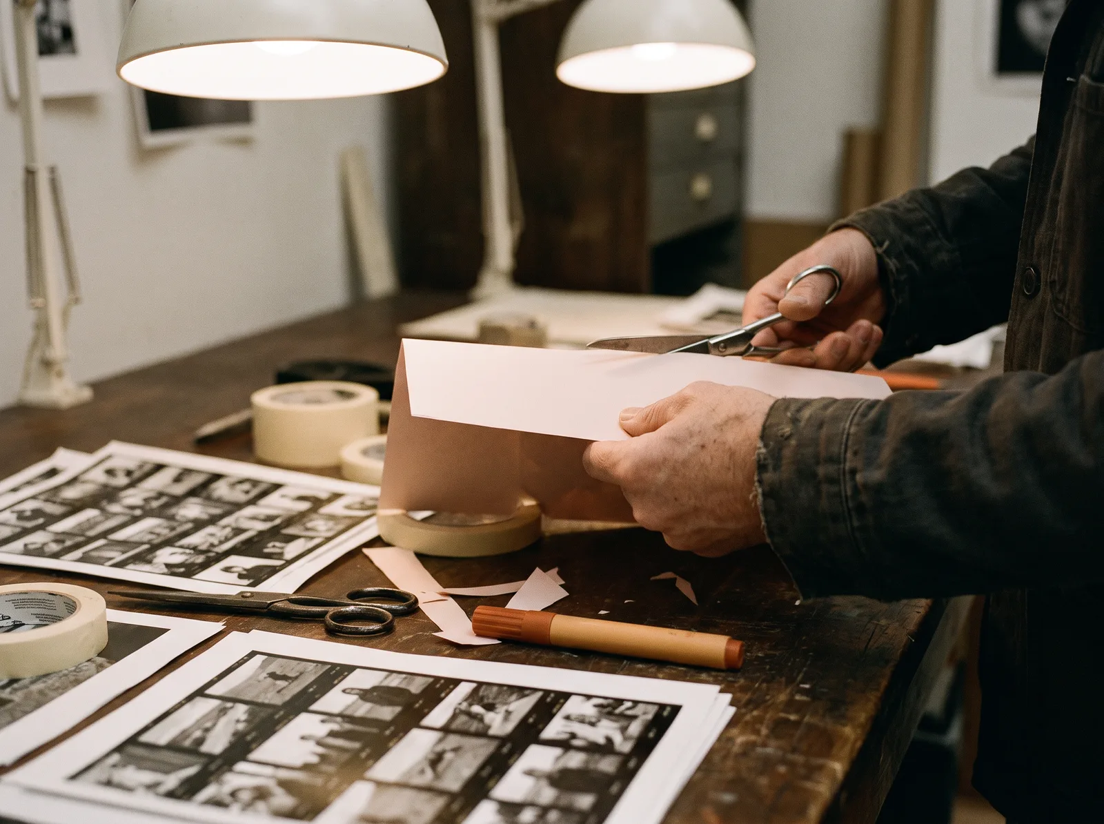 Handen knippen papier en leggen contactvellen op tafel.