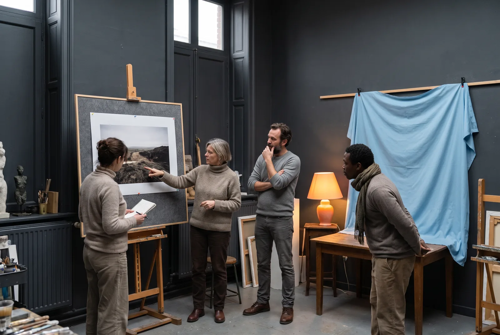 Groep bespreekt een groot beeld in een studio.