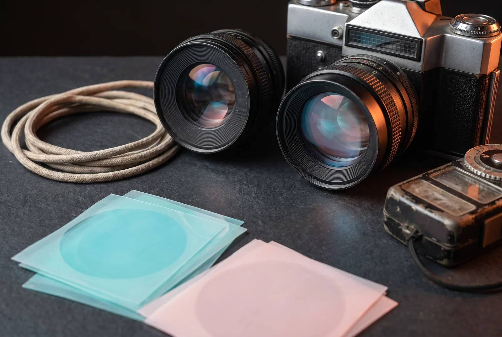 Camera, lenzen en gekleurde filters op een donkere studiota fel.