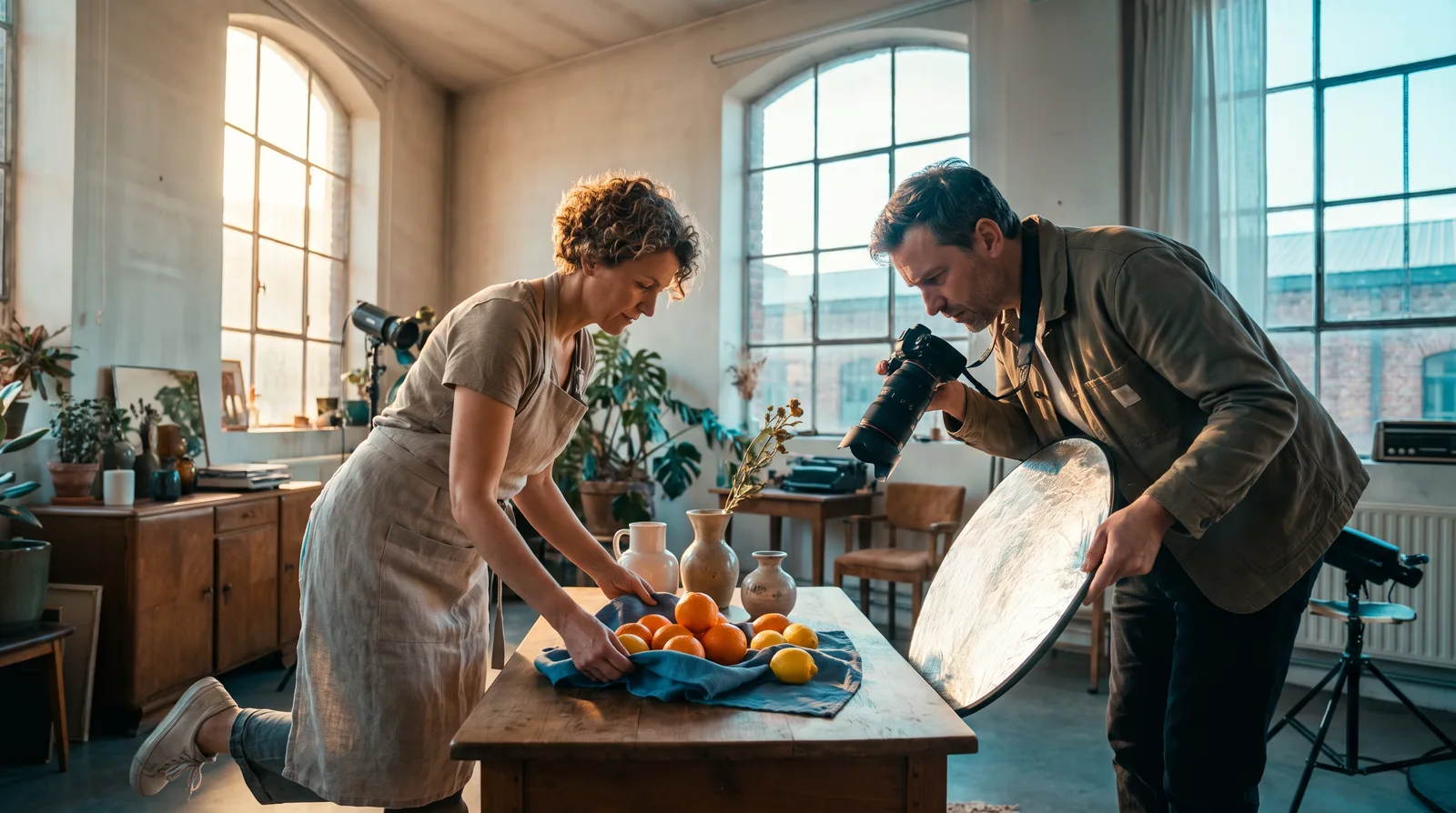 Twee makers bouwen een stilleven op voor een camera.