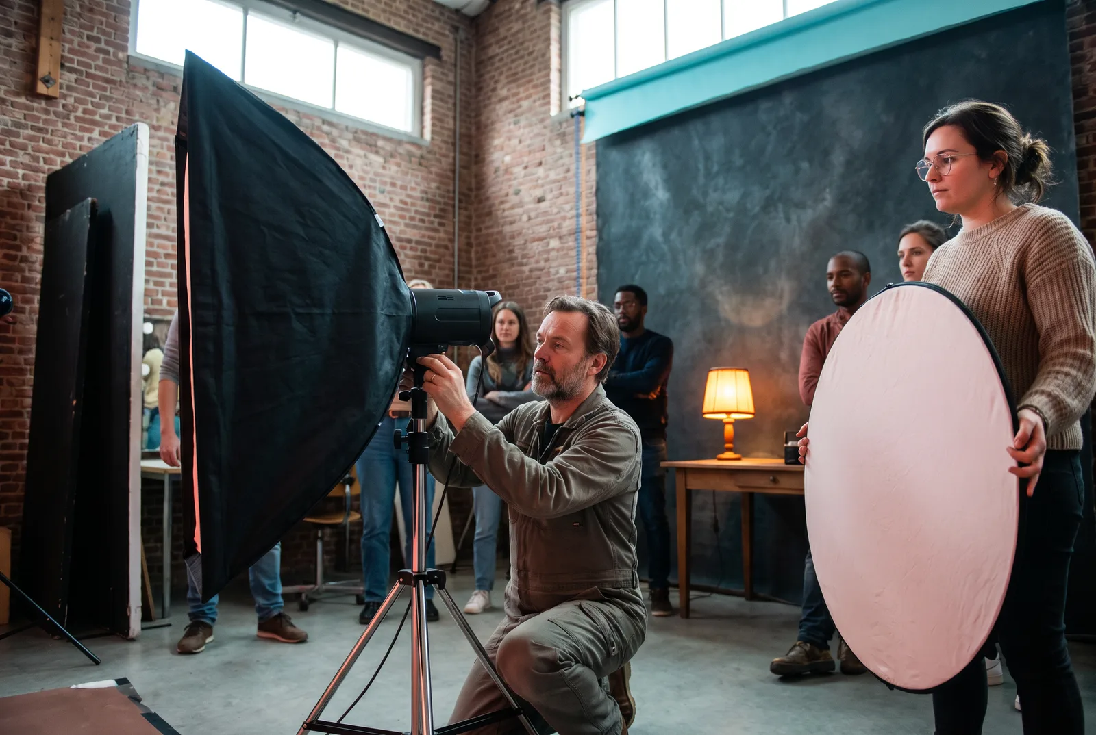 Makers richten een grote softbox en reflector in een studio.