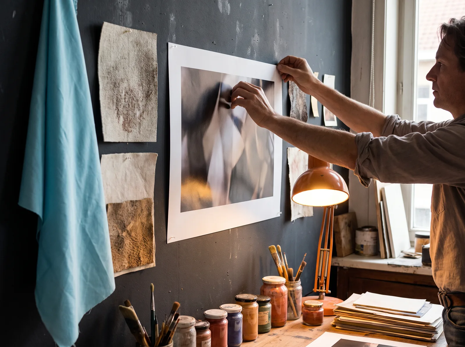 Maker hangt een foto en materiaalstalen aan een donkere muur.